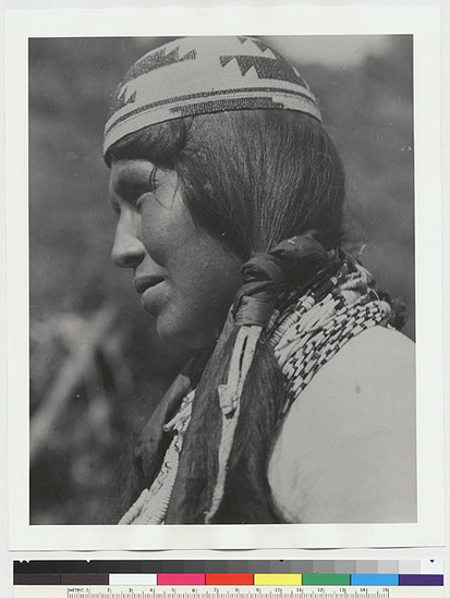 Hearst Museum object titled Black-and-white negative, accession number 15-23398, described as black-and-white negative: Alice Frank Spott wearing basketry hat, sister of Robert Scott, NW Yurok, 1912 Acc.2080-45