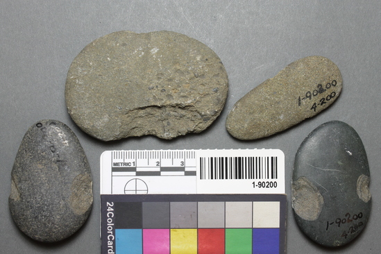 Hearst Museum object titled Sinkers, accession number 1-90200, described as Notched, pebble, below historic level