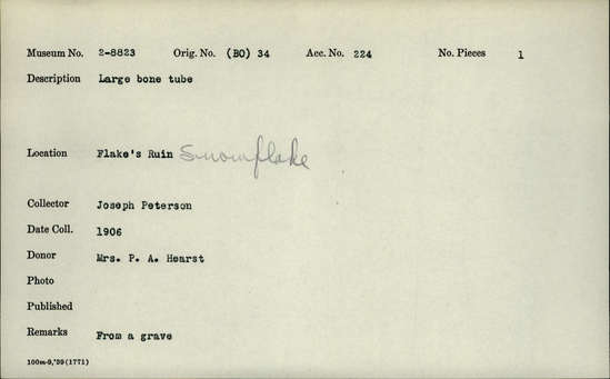 Documentation associated with Hearst Museum object titled Tube, accession number 2-8823, described as Large bone tube. Notice: Image restricted due to its potentially sensitive nature. Contact Museum to request access.