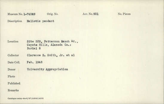 Documentation associated with Hearst Museum object titled Pendant, accession number 1-74349, described as Haliotis pendant