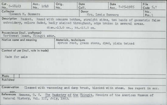 Documentation associated with Hearst Museum object titled Basket, accession number 2-68463, described as Round with concave bottom, straight sides, 2 bands of geometric false embroidery, colors faded, badly stained throughout, edge broken in several areas. Spruce root, grass stems, dyed, plain twined.