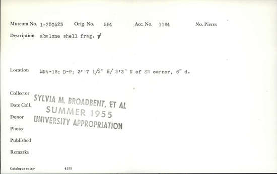 Documentation associated with Hearst Museum object titled Shell fragment, accession number 1-220523, described as Abalone shell fragment.