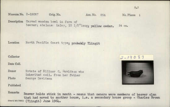 Documentation associated with Hearst Museum object titled Bowl, accession number 2-19087, described as Carved, wooden, in form of beaver, abalone inlay, yellow cedar.