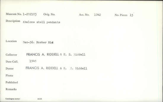 Documentation associated with Hearst Museum object titled Pendants, accession number 1-202103, described as Abalone shell.