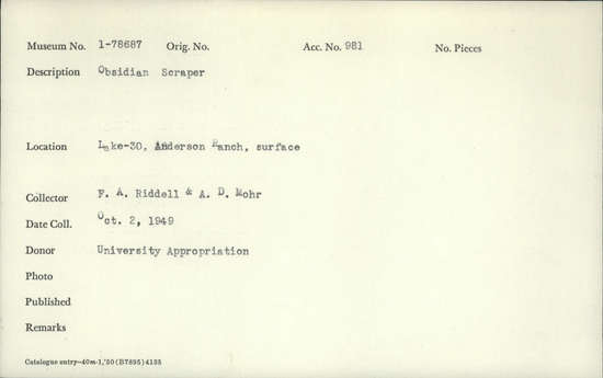 Documentation associated with Hearst Museum object titled Scraper, accession number 1-78687, described as Obsidian.