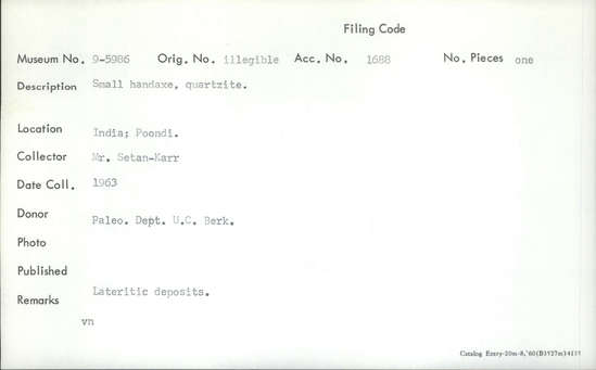 Documentation associated with Hearst Museum object titled Handaxe, accession number 9-5986, described as Small handaxe, quartzite