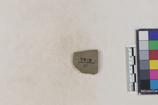 Hearst Museum object 175 of 183 titled Potsherd, accession number 16-8192, described as Potsherd: bodys Section of Manta on beach currently inhabited. Numbers  8111 to 8194 are sherds picked up on beach at low tide.