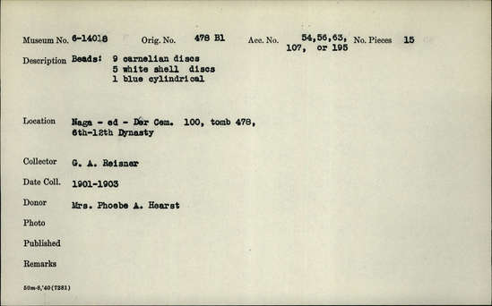 Documentation associated with Hearst Museum object titled Beads, accession number 6-14018, described as Beads: 9 carnelian discs, 5 white shell discs, 1 blue cylindrical. [inv.: 7 carnelian, 2 faience, 5 ostrich shell, original piece count: 15?]