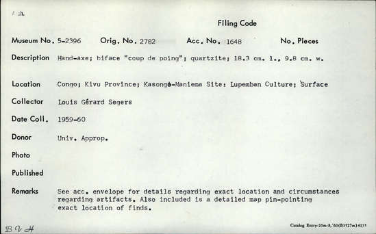 Documentation associated with Hearst Museum object titled Handaxe, accession number 5-2396, described as Hand-axe; biface “coup de poing”; quartzite