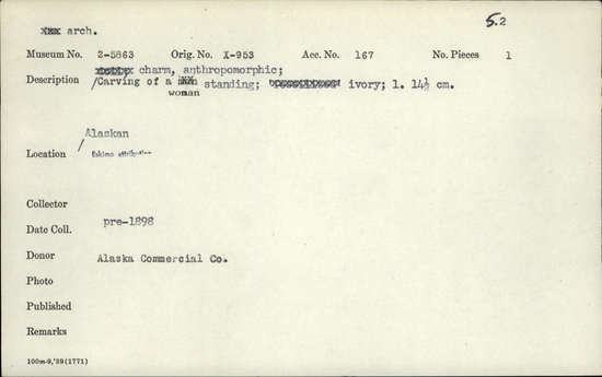 Documentation associated with Hearst Museum object titled Female figure, accession number 2-5863, described as Carving of a woman standing; anthropomorphic; ivory.