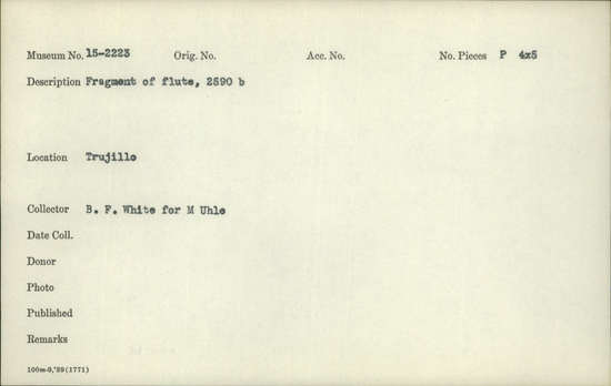 Documentation associated with Hearst Museum object titled Black-and-white negative, accession number 15-2223, described as Fragment of flute, 2590 b