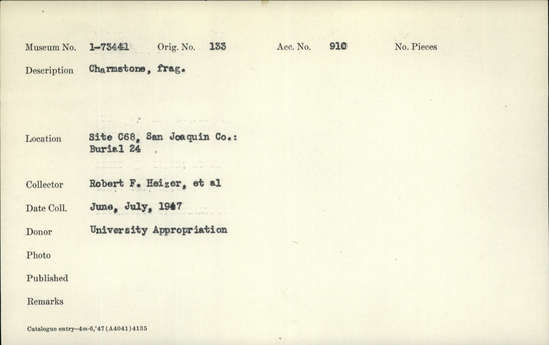 Documentation associated with Hearst Museum object titled Charmstone, accession number 1-73441, described as Charmstone fragment. Notice: Image restricted due to its potentially sensitive nature. Contact Museum to request access.