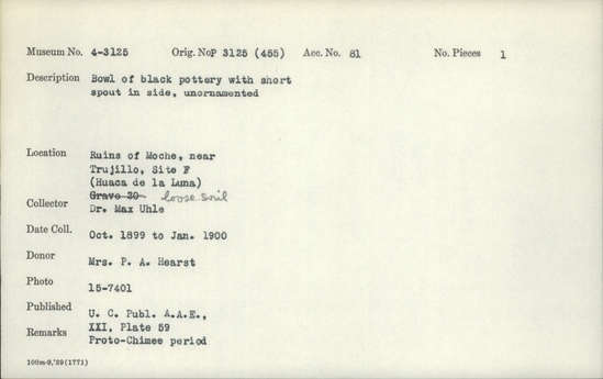 Documentation associated with Hearst Museum object titled Bowl, accession number 4-3125, described as Bowl of black pottery with short spout in side, unornamented.