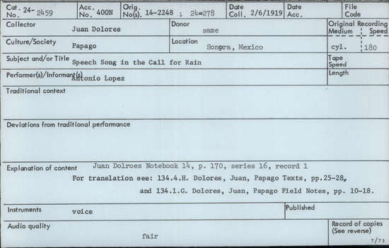 Documentation associated with Hearst Museum object titled Audio recording, accession number 24-2459, described as Speech Song in the Call for Rain Notebook 14, p.170 Series 16, Record 1