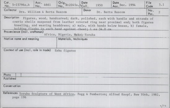 Documentation associated with Hearst Museum object titled Figures, accession number 5-15796a,b, described as figures, wood, handcarved; dark polished, each with handle and strands of cowrie shells suspended from leather covered ring near proximal end; both figures kneeling, and wearing headdress; a) male, with hands below knees, b) female, holding flasks in each hand against chest;  L. ea. 34.0 cm. Has bag of shell fragments.