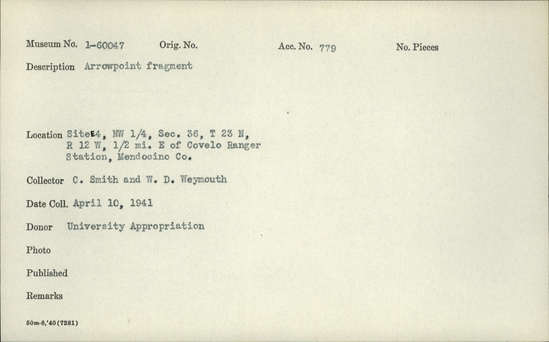 Documentation associated with Hearst Museum object titled Projectile point fragment, accession number 1-60047, described as Arrowpoint fragment