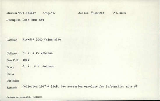 Documentation associated with Hearst Museum object titled Awl, accession number 1-174347, described as Deer bone.