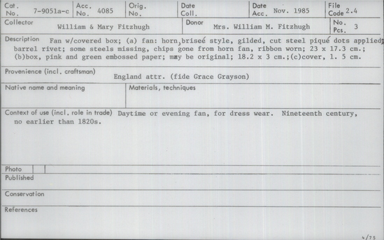 Documentation associated with Hearst Museum object titled Fan, accession number 7-9051a-c, no description available.