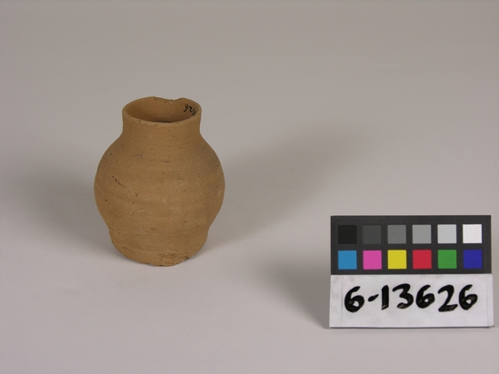 Hearst Museum object titled Jar, accession number 6-13626, described as Pottery jar; bulging, ld 4- gd 6.5- h 8 cm.