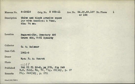 Documentation associated with Hearst Museum object titled Jar, accession number 6-10510, described as white and black granite squat jar with handles; height 74 mm, diameter 74 mm