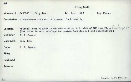 Documentation associated with Hearst Museum object titled Core, accession number 2-36980, described as Plano-covex core or tool; green black basalt