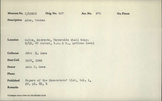 Documentation associated with Hearst Museum object titled Axe fragment, accession number 2-20823, described as Adze, broken