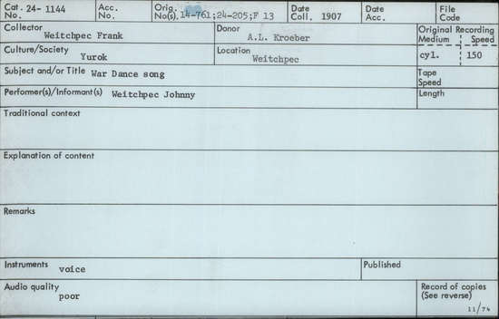 Documentation associated with Hearst Museum object titled Audio recording, accession number 24-1144, described as War Dance Song