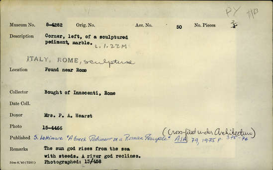 Documentation associated with Hearst Museum object titled Pediment, accession number 8-4282, described as Corner, left, of a sculptured pediment, marble. The sun god rises from the sea with steeds. A river god reclines.