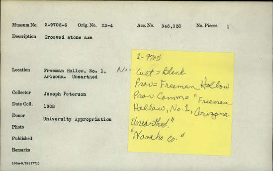 Documentation associated with Hearst Museum object titled Axe, accession number 2-9705, described as Grooved stone axe.