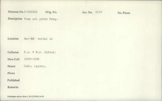 Documentation associated with Hearst Museum object titled Awl fragment, accession number 1-165930, described as Bone, awl point.