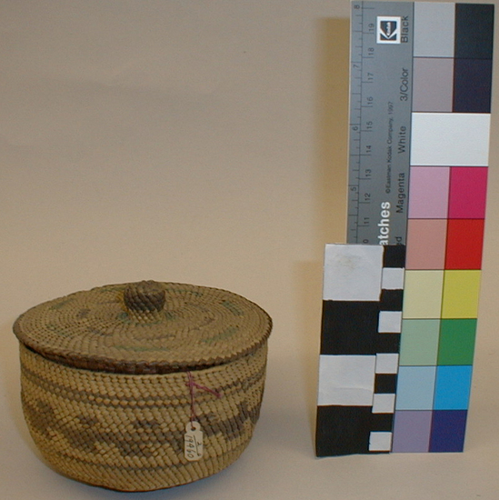 Hearst Museum object titled Basket and cover, accession number 2-19460a,b, described as Twined, bowl shape with cover.