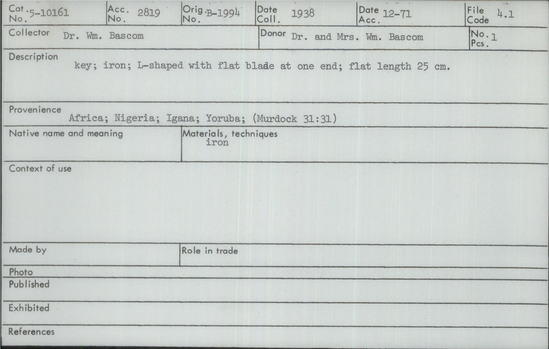 Documentation associated with Hearst Museum object titled Key, accession number 5-10161, described as key;  iron;  L-shaped with flat blade at one end;  flat length 25 cm.