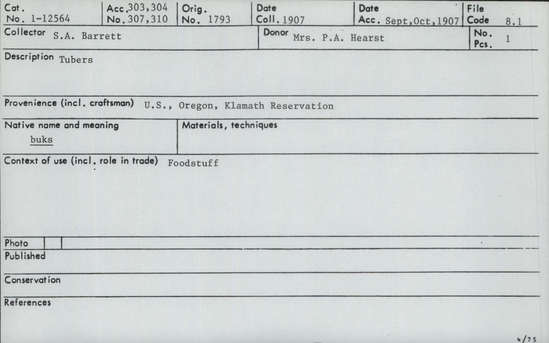 Documentation associated with Hearst Museum object titled Tubers, accession number 1-12564, described as Called buks.