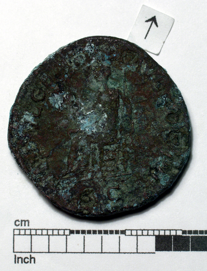Hearst Museum object 2 of 14 titled Coin: æ antoninianus, accession number 8-4012, described as Coin; AE; Antoninianus; Roman. Antoninus Pius, 152-153 AD. Rome, Italy. Obverse: ANTONINVS AVG  PIVS PP TR P XVI, Bust r. radiate. Reverse: INDVLGENTI  AAVG COS IIII Indulgentia seated l.; in exergue, S C.