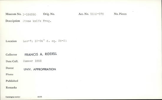 Documentation associated with Hearst Museum object titled Knife, accession number 1-196350, described as Stone knife fragment