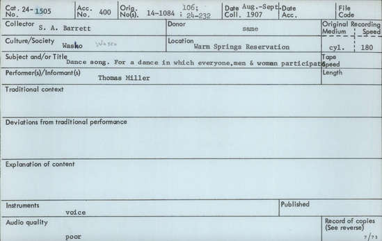 Documentation associated with Hearst Museum object titled Audio recording, accession number 24-1505, described as Dance Song