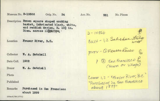 Documentation associated with Hearst Museum object titled Cooking basket, accession number 2-10866, described as Brown, square shaped, imbricated black, white, and reddish design.