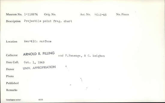 Documentation associated with Hearst Museum object titled Projectile point, accession number 1-118874, described as projectile point frag. chert