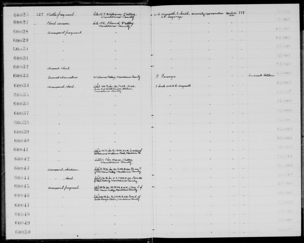 Documentation associated with Hearst Museum object titled Projectile point, accession number 1-60042, described as chert arrowpoint