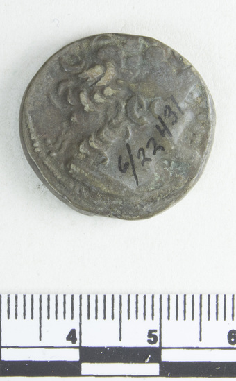 Hearst Museum object 6 of 8 titled Coin: billon tetradrachm, accession number 6-22431, described as Head of Ptolemy I, facing right, diademed, aegis around neck, border of dots.