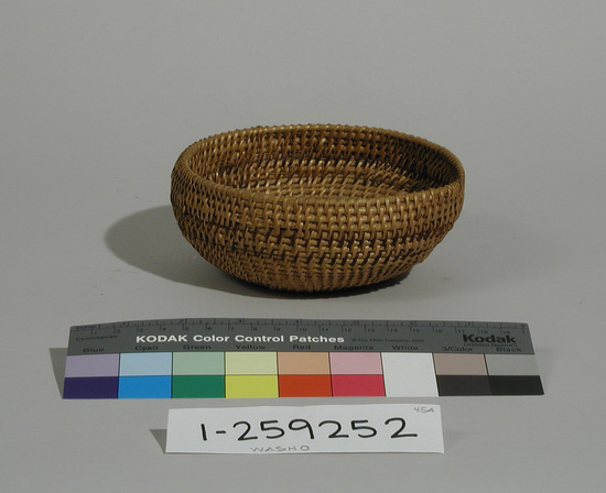 Hearst Museum object titled Basket, accession number 1-259252, described as Spherical basket with two borders encircling basket near rim in dark brown wefts.  One rod coiled.