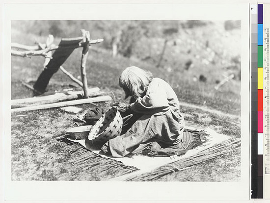 Hearst Museum object titled Black-and-white negative, accession number 15-23502, described as black-and-white negative: California, W. Mono; T. Waterman Acc.2324: Woman making a coiled basket, see 15-23505 - 6; (Alice Jack identified by Scholars from Wimano August 2001)