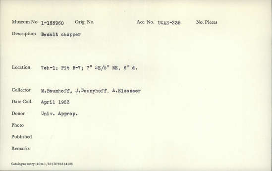 Documentation associated with Hearst Museum object titled Chopper, accession number 1-155960, described as Basalt.