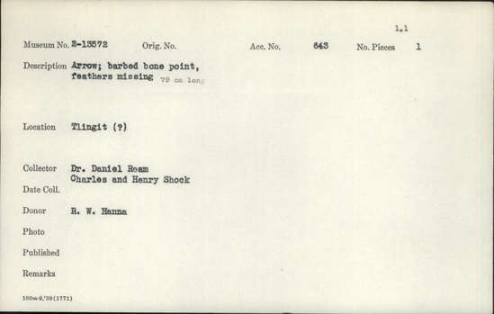 Documentation associated with Hearst Museum object titled Arrow, accession number 2-13572, described as Barbed bone point, feathers missing.