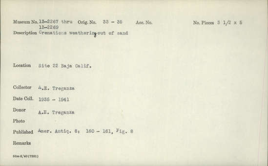 Documentation associated with Hearst Museum object titled Black-and-white print, accession number 13-2267, described as 3½ x 5 inch print. Cremations weathering out of sand