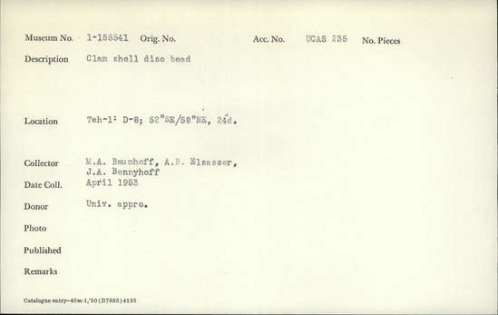 Documentation associated with Hearst Museum object titled Bead, accession number 1-155541, described as Clam shell disc.