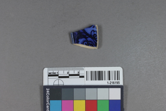 Hearst Museum object titled Potsherd, accession number 1-216195, described as decorated faience sherd, blue print