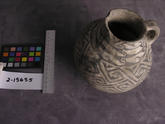 Hearst Museum object titled Bowl, accession number 2-15655, described as Black on white bowl.  Wide mouth pitcher. "Archaeological specimens."  Note with pot "Pima-Papago type".