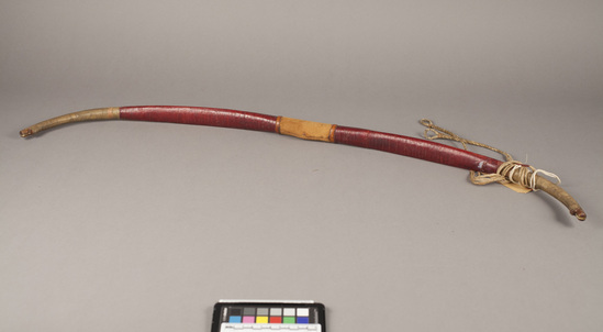 Hearst Museum object titled Bow, accession number 5-666, described as Reflexed bow, compound, limbs bound over all with waxed thread, leather, grip