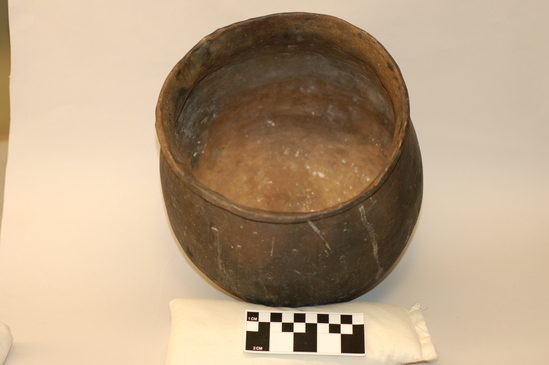 Hearst Museum object titled Cooking pot, accession number 3-14553, described as Cooking pot, ceramic, earthenware, coiled, burned on outside; height: 22.2 cm X diameter: 23.5 cm. Tipai cooking pot.